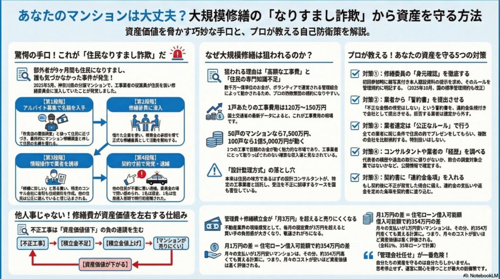 マンション大規模修繕なりすまし詐欺から資産を守る方法の全体まとめインフォグラフィック