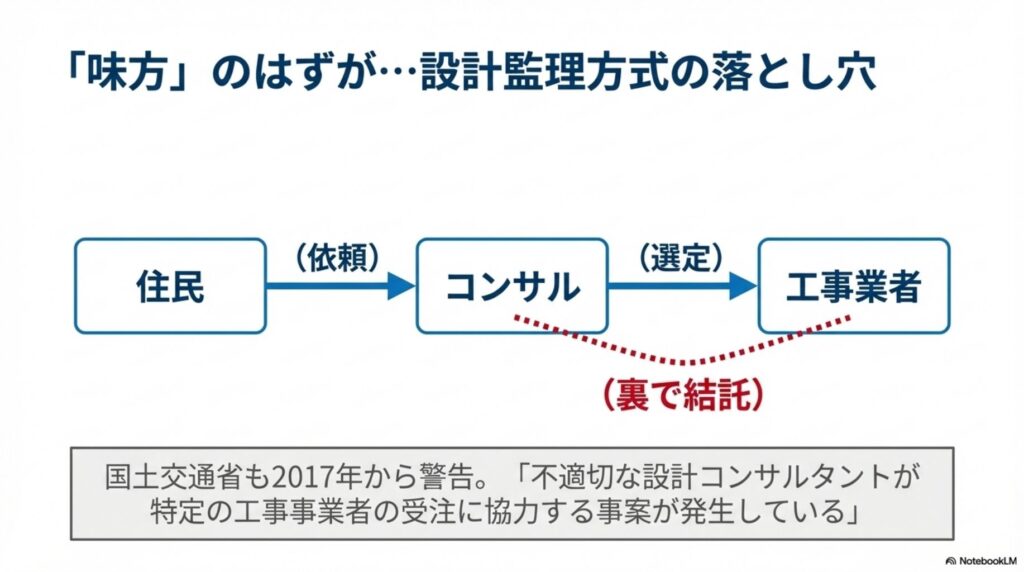 設計監理方式の落とし穴：コンサルタントと工事業者の裏での結託を示す図解