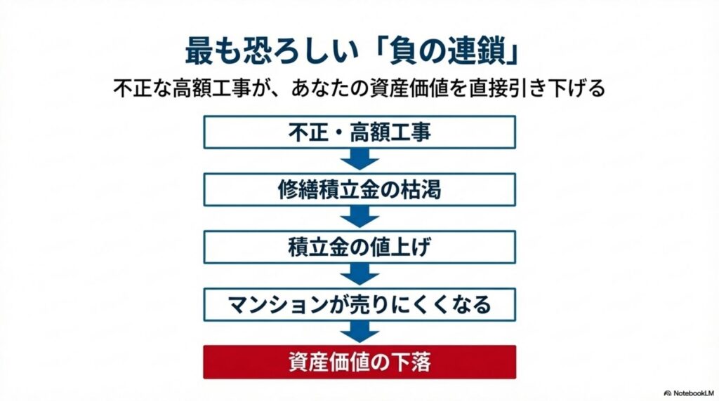 不正工事による資産価値下落の負の連鎖フロー図（不正→積立金枯渇→値上げ→売却困難→資産価値下落）