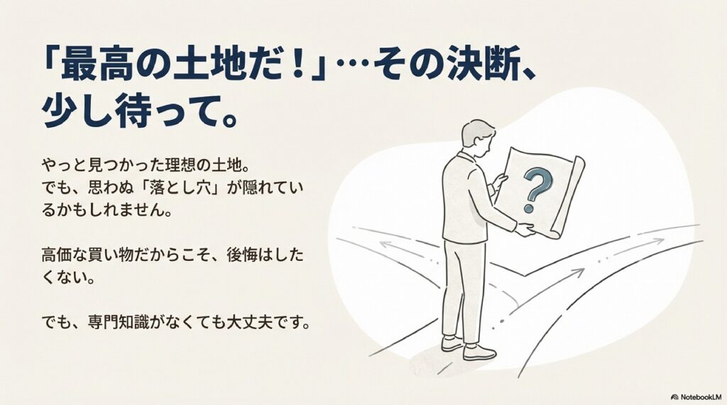「最高の土地だ！」…その決断、少し待って。と書かれたアイキャッチ画像。分かれ道の前で地図を広げて立ち止まっている男性のイラスト。地図には大きなクエスチョンマークが描かれている。やっと見つかった理想の土地。でも、思わぬ「落とし穴」が隠れているかもしれません。高価な買い物だからこそ、後悔はしたくない。でも、専門知識がなくても大丈夫です。というメッセージが添えられている。