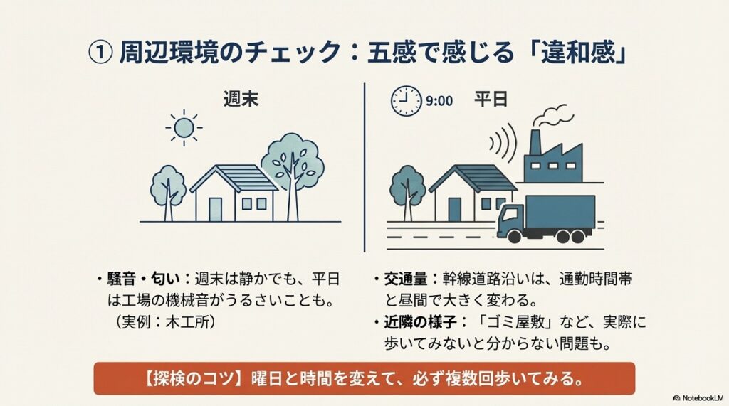 【キャプション】

```
週末と平日で周辺環境は大きく変わる
```

---

【代替テキスト】

```
①周辺環境のチェック：五感で感じる「違和感」と書かれた解説画像。左側は週末の様子で、太陽の下に静かな住宅街と木々のイラスト。騒音・匂い：週末は静かでも、平日は工場の機械音がうるさいことも。実例：木工所と説明。右側は平日9時の様子で、工場から煙が出てトラックが走っているイラスト。交通量：幹線道路沿いは、通勤時間帯と昼間で大きく変わる。近隣の様子：「ゴミ屋敷」など、実際に歩いてみないと分からない問題も。と説明。画面下部にオレンジ色の帯で【探検のコツ】曜日と時間を変えて、必ず複数回歩いてみる。とアドバイスが記載されている。
```