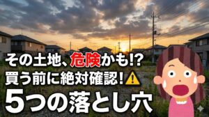 【キャプション】 ``` 買ってはいけない土地5選｜購入前に確認すべきチェックポイント ``` --- 【代替テキスト】 ``` その土地、危険かも!? 買う前に絶対確認！5つの落とし穴と書かれたYouTubeサムネイル画像。夕焼け空を背景に住宅街に囲まれた空き地の写真。右側には驚いた表情で汗をかいている女性のイラストと黄色い警告マークが配置されている。土地購入前に確認すべき5つのチェックポイントを解説する記事のアイキャッチ画像。 ```