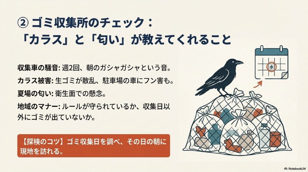 【キャプション】

```
ゴミ収集場の状態は地域のマナーを映す鏡
```

---

【代替テキスト】

```
②ゴミ収集所のチェック：「カラス」と「匂い」が教えてくれることと書かれた解説画像。右側にはネットをかけたゴミ袋の山の上にカラスが止まっているイラストと、水曜日に丸印がついたカレンダーのイラストが配置されている。説明として、収集車の騒音：週2回、朝のガシャガシャという音。カラス被害：生ゴミが散乱、駐車場の車にフン害も。夏場の匂い：衛生面での懸念。地域のマナー：ルールが守られているか、収集日以外にゴミが出ていないか。と4つのポイントが記載。画面下部にオレンジ色の帯で【探検のコツ】ゴミ収集日を調べ、その日の朝に現地を訪れる。とアドバイスが記載されている。
```