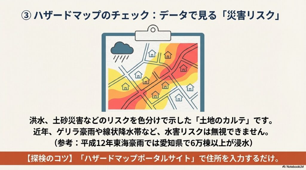 【キャプション】

```
ハザードマップで浸水・土砂災害リスクを事前確認
```

---

【代替テキスト】

```
③ハザードマップのチェック：データで見る「災害リスク」と書かれた解説画像。中央にクリップボードに挟まれた地図のイラストがあり、黄色・オレンジ・赤色で浸水リスクが色分けされた住宅街が描かれ、上部には雨雲のアイコンが配置されている。説明として、洪水、土砂災害などのリスクを色分けで示した「土地のカルテ」です。近年、ゲリラ豪雨や線状降水帯など、水害リスクは無視できません。（参考：平成12年東海豪雨では愛知県で6万棟以上が浸水）と記載。画面下部にオレンジ色の帯で【探検のコツ】「ハザードマップポータルサイト」で住所を入力するだけ。とアドバイスが記載されている。
```
