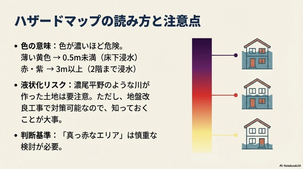 【キャプション】

```
ハザードマップは色が濃いほど危険度が高い
```

---

【代替テキスト】

```
ハザードマップの読み方と注意点と書かれた解説画像。右側には浸水深を示すグラデーションのスケールがあり、下から黄色、オレンジ、赤、紫へと色が変化している。スケールの横には3棟の住宅イラストが配置され、黄色の位置では床下、赤の位置では1階部分、紫の位置では2階部分まで浸水することを視覚的に示している。左側の説明として、色の意味：色が濃いほど危険。薄い黄色は0.5m未満で床下浸水、赤・紫は3m以上で2階まで浸水。液状化リスク：濃尾平野のような川が作った土地は要注意。ただし、地盤改良工事で対策可能なので、知っておくことが大事。判断基準：「真っ赤なエリア」は慎重な検討が必要。と3つのポイントが記載されている。
```