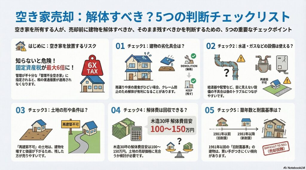空き家売却時に、建物を解体すべきか残すべきかを判断するためのチェックリストをまとめた図解画像。上部に「空き家売却：解体すべき？5つの判断チェックリスト」という見出しがあり、空き家を所有する人が売却前に判断するための重要ポイントを示している。

左上には「はじめに：空き家を放置するリスク」として、管理不全空き家に指定されると固定資産税が最大6倍になる可能性があることがイラストとともに説明されている。

チェック1は「建物の劣化具合は？」で、雨漏りや床の腐食など劣化が激しい場合は解体が有利になることが、家のイラストと分岐図で示されている。
チェック2は「水道・ガスなどの設備は使える？」で、配管や設備の不具合が将来のトラブルにつながる点をイラストで説明している。
チェック3は「土地の形や条件は？」で、再建築不可の土地は建物を残した方が売りやすい場合があることを図で示している。
チェック4は「解体費は回収できる？」で、木造30坪の場合の解体費目安が100〜150万円であることを金額表示と天秤のイラストで説明している。
チェック5は「築年数と耐震基準は？」で、1981年以前の旧耐震基準の建物は売却が難しくなる傾向があることを家の比較イラストで示している。

全体として、空き家を売るか壊すかを感覚ではなく、具体的な条件で冷静に判断するための内容で構成されている。

