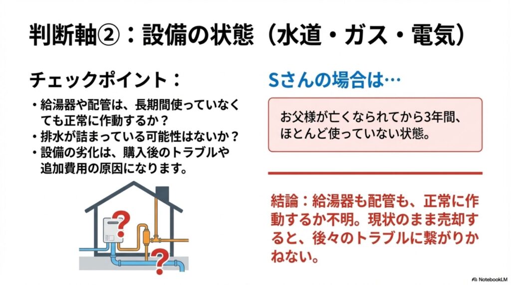 設備の状態チェックポイント：給湯器・配管の動作確認、排水詰まりの有無