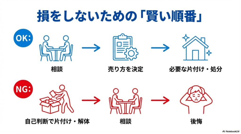 損をしないための賢い順番を比較した図。OK例は相談から売り方決定、必要な片付けの順。NG例は自己判断で片付け解体してから相談し後悔する流れ