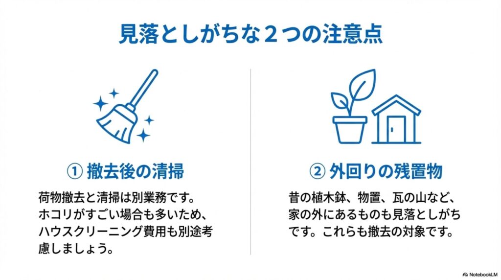 空き家売却で見落としがちな2つの注意点を説明する図。撤去後の清掃はハウスクリーニングが別途必要、外回りの植木鉢や瓦なども撤去対象であることを表示