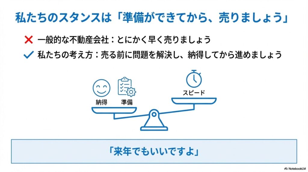 稲沢あんしん不動産のスタンスを示す天秤の図。一般的な不動産会社のとにかく早く売りましょうに対し、準備ができてから売りましょうという考え方を比較