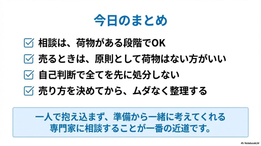 今日のまとめを4つのチェックリストで表示。相談は荷物がある段階でOK、売るときは荷物はない方がいい、自己判断で先に処分しない、売り方を決めてからムダなく整理する