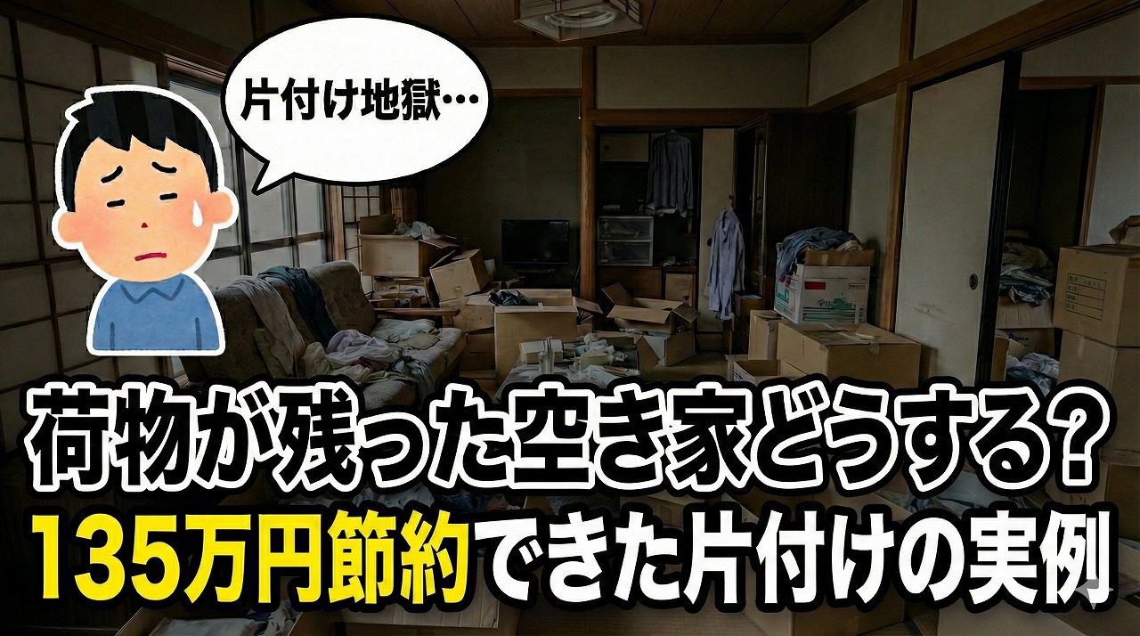 荷物が残った空き家どうする？135万円節約できた片付けの実例。和室に段ボール箱や布団、家財道具が散乱している空き家の様子と、片付け地獄と悩む人のイラスト