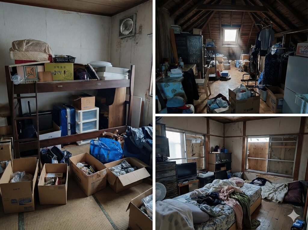 空き家に残された荷物のイメージ。2段ベッド、段ボール箱、家財道具が部屋いっぱいに残っている様子。実際の現場写真をもとにAIで再現