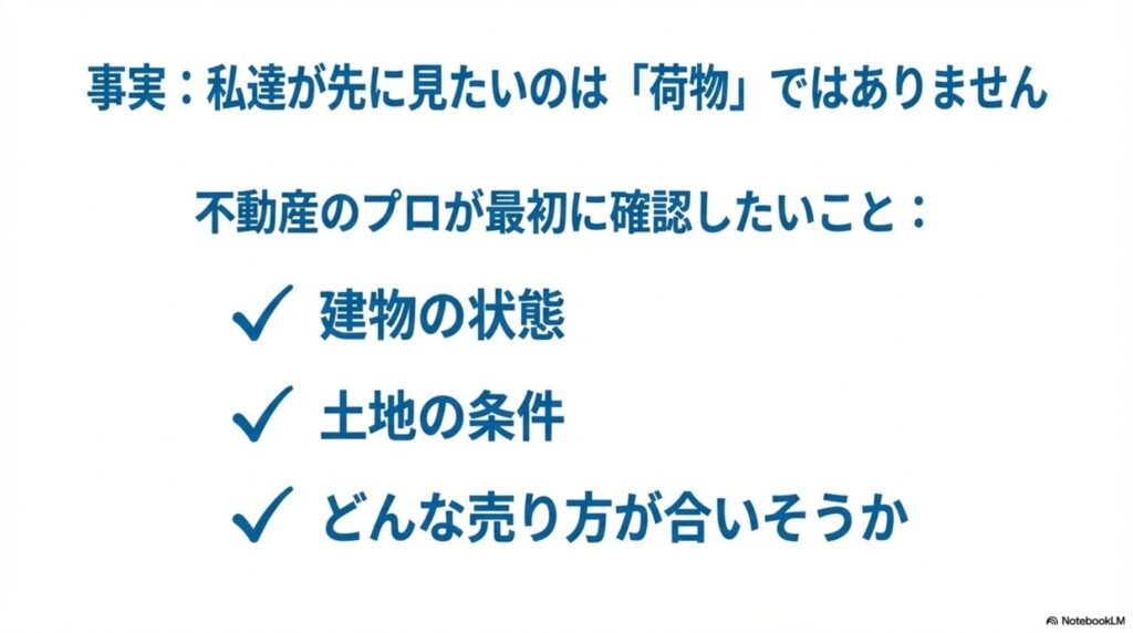 不動産のプロが最初に確認したいポイントを示すチェックリスト。建物の状態、土地の条件、どんな売り方が合いそうかの3点を表示