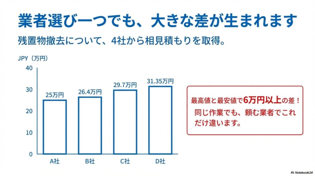 残置物撤去の4社相見積もり結果を示す棒グラフ。A社25万円、B社26.4万円、C社29.7万円、D社31.35万円で、最高値と最安値の差は6万円以上