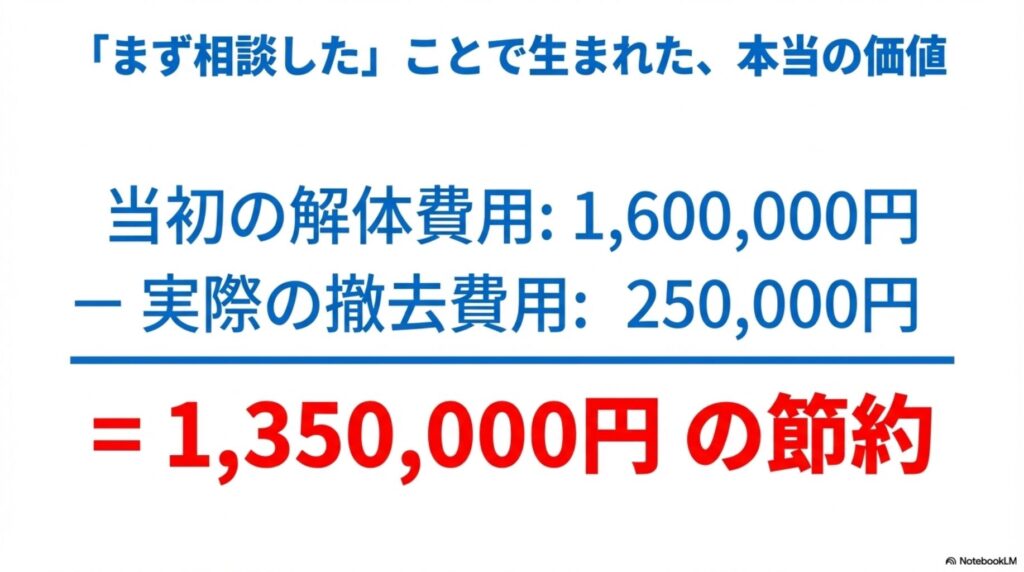 まず相談したことで生まれた135万円の節約を計算式で表示。当初の解体費用160万円から実際の撤去費用25万円を引いて135万円の節約を示す