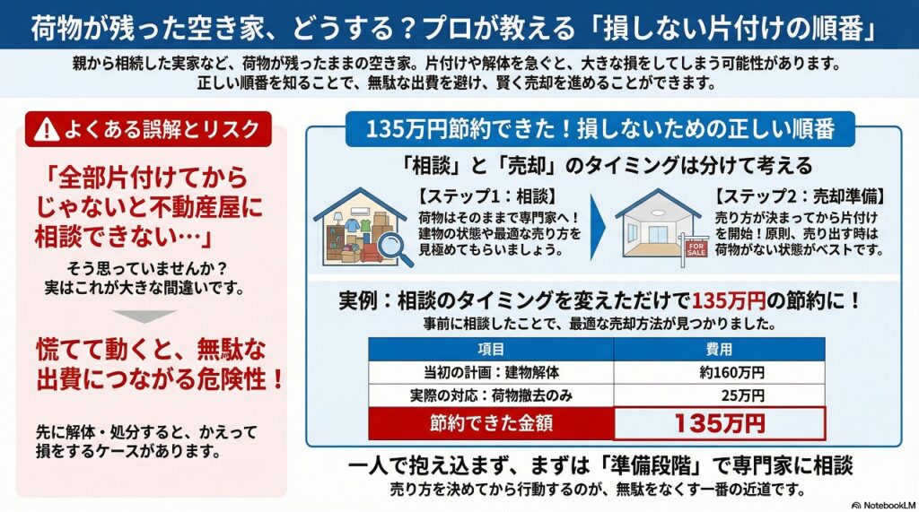 荷物が残った空き家の損しない片付けの順番をまとめた図解。左側によくある誤解として全部片付けてからでないと相談できないという間違いを解説。右側に正しい順番としてステップ1相談、ステップ2売却準備の流れと、当初160万円の解体費用が25万円の撤去費用で済み135万円節約できた実例を表で紹介