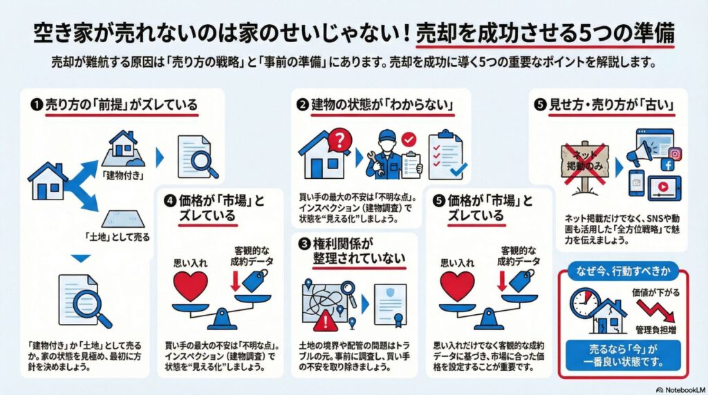 空き家が売れない5つの原因と解決策の一覧図