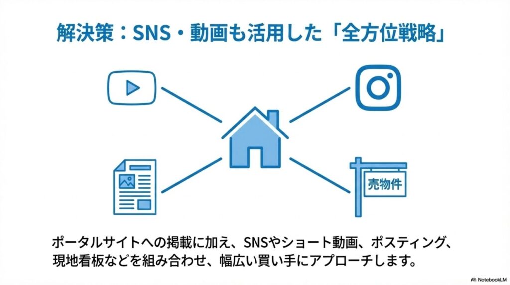 解決策：SNS・動画・ポータルサイト・看板を組み合わせた全方位営業戦略