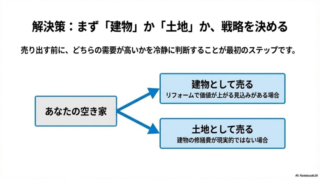 解決策：建物として売るか土地として売るかの戦略を決める分岐図