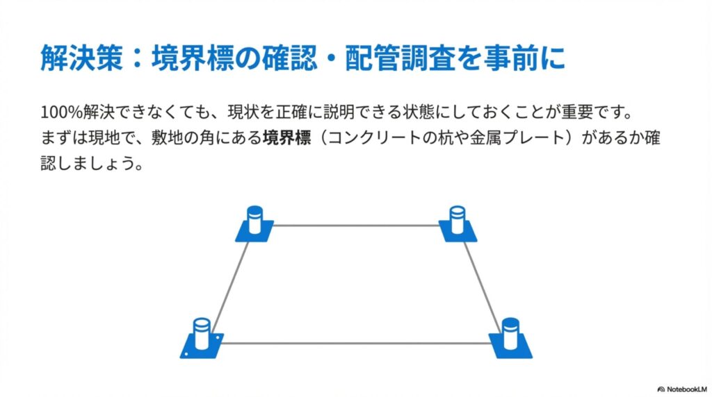 解決策：敷地の境界標（コンクリート杭・金属プレート）を事前に確認