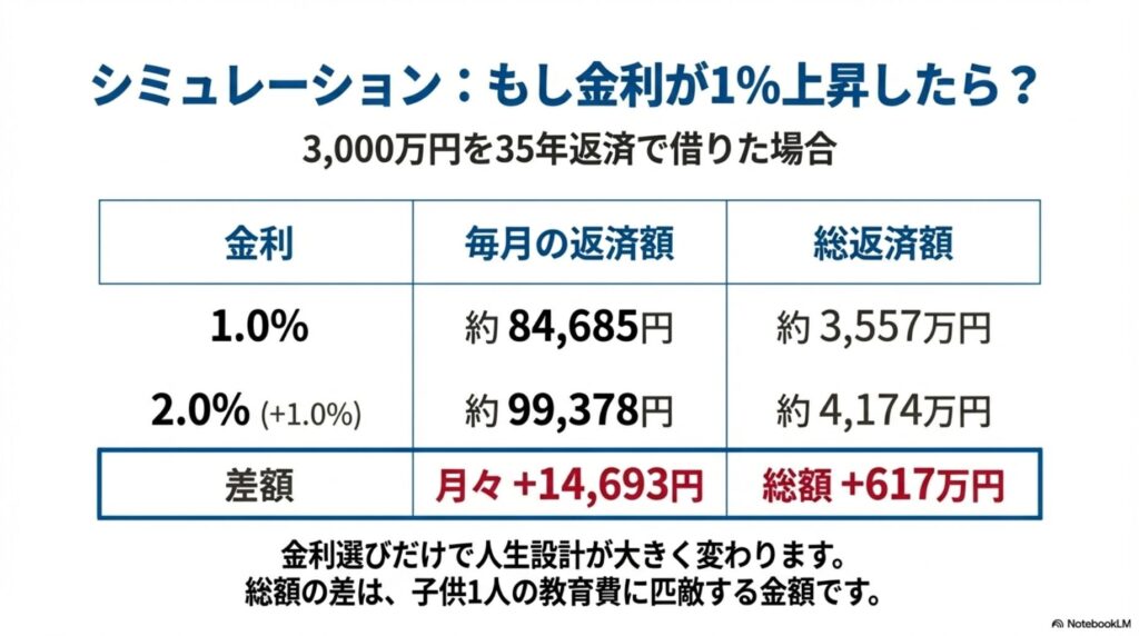 住宅ローン金利が1％上昇した場合の返済額シミュレーション。3,000万円・35年返済で、毎月の返済額が約14,693円増え、総返済額が約617万円増加することを示している。