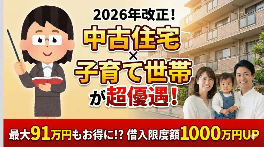 税制改正の解説サムネイル。左側に指示棒と本を持つ女性講師のイラストが配置されています。中央には「中古住宅×子育て世帯が超優遇！」の文字、右側には3人家族とマンションの写真があります。下部の赤い帯には「最大91万円もおトクに！？ 借入限度額1000万円UP」という具体的なメリットが記載されています。