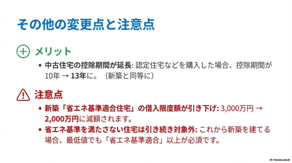 2026年税制改正のその他の変更点とメリット・注意点を説明する図。メリットとして中古住宅の控除期間が10年から13年に延長、注意点として新築の省エネ基準適合住宅の借入限度額が3000万円から2000万円に引き下げ