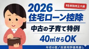 2026年住宅ローン控除の変更点を解説するサムネイル画像。中古住宅への子育て特例新設、床面積40㎡からOKなど令和8年度税制改正の重要ポイントを紹介