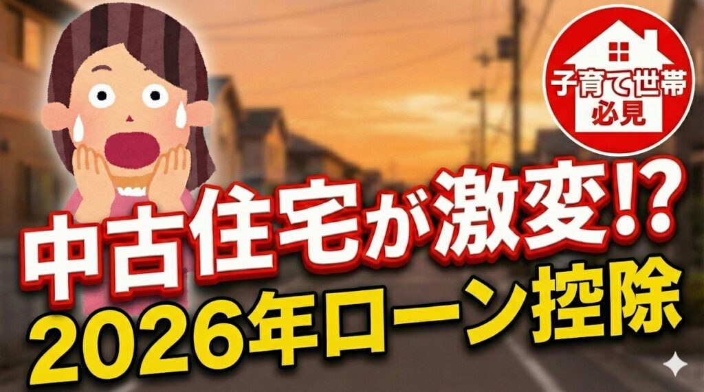 2026年住宅ローン控除の変更点を解説するYouTube動画のサムネイル画像。中古住宅が激変と大きく表示され、驚く女性のイラストと子育て世帯必見のマークが配置されている