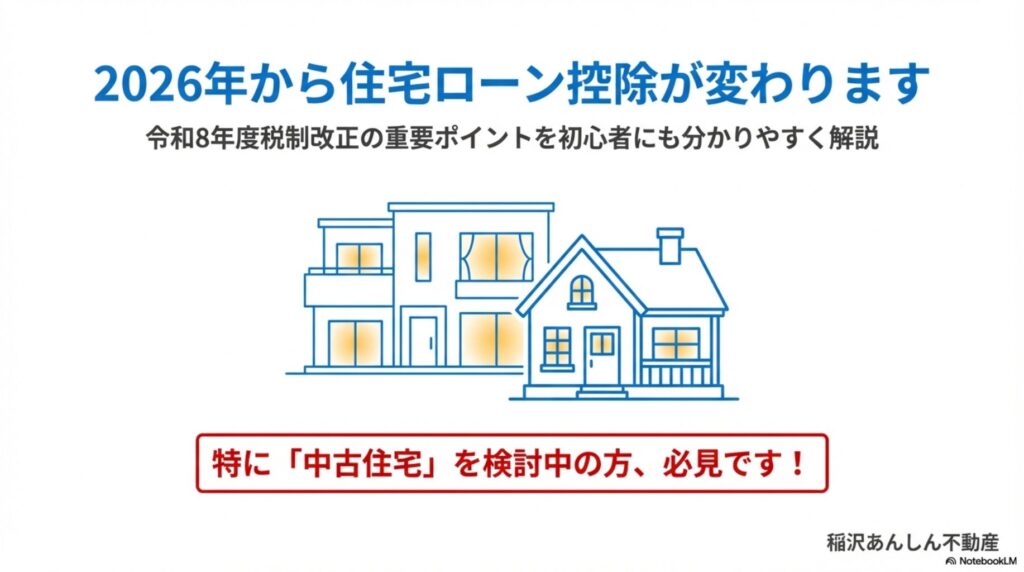 2026年から住宅ローン控除が変わることを示すタイトル画像。令和8年度税制改正の重要ポイントを初心者にも分かりやすく解説。特に中古住宅を検討中の方は必見