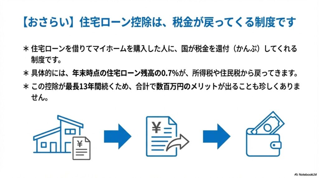 住宅ローン控除の基本を説明する図解。住宅ローンで家を買うと税金が戻ってくる制度で、年末ローン残高の0.7%が最長13年間、所得税や住民税から還付される仕組みを解説