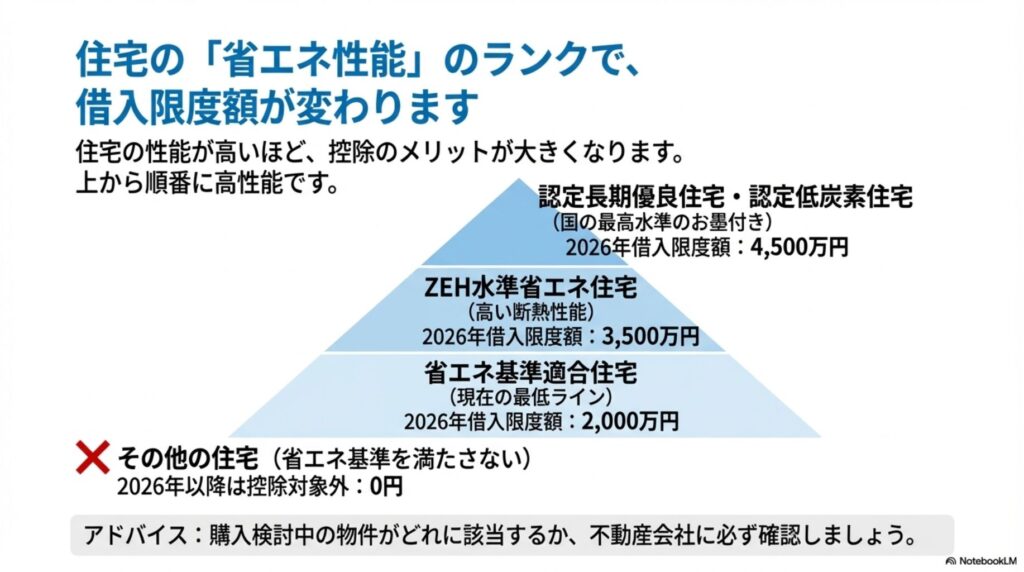 住宅の省エネ性能ランクと借入限度額の関係を示すピラミッド図。認定長期優良住宅が4500万円、ZEH水準省エネ住宅が3500万円、省エネ基準適合住宅が2000万円で、その他の住宅は2026年以降対象外