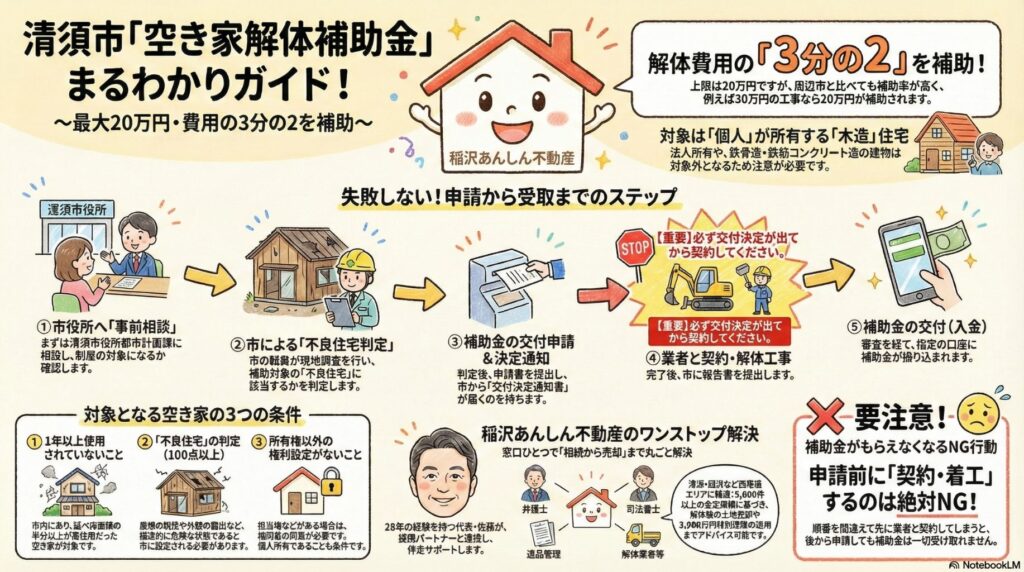 清須市空き家解体補助金まるわかりガイド。最大20万円、費用の3分の2を補助。対象は個人が所有する木造住宅で、法人所有や鉄骨造等の建物は対象外。失敗しない申請から受取までのステップとして、市役所への事前相談、市による不良住宅判定、補助金の交付申請と決定通知、契約・工事着手(重要:必ず交付決定が出てから契約してください)、完了実績報告、補助金の交付(入金)。稲沢あんしん不動産のワンストップ解決で、28年の実績を持つ代表が全力サポート。