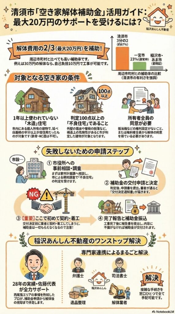 清須市空き家解体補助金活用ガイド2025-2026。解体費用の3分の2を補助(最大20万円)。清須市の補助率は周辺市町村と比べても高く約67%(一般的な市は23%程度)。対象となる空き家の3つの条件:1年以上使用されていない木造住宅、判定100点以上の不良住宅であること、所有者以外の権利設定がないこと。失敗しないための申請ステップ:市役所への事前相談・調査、市による不良住宅判定、補助金の交付申請と決定通知、重要:交付決定前に契約・着工すると補助金は0円、交付決定が出てから契約してください、業者と契約・解体工事完了、完了報告と補助金振込。稲沢あんしん不動産のワンストップ解決で専門家連携によるまるごと解決。