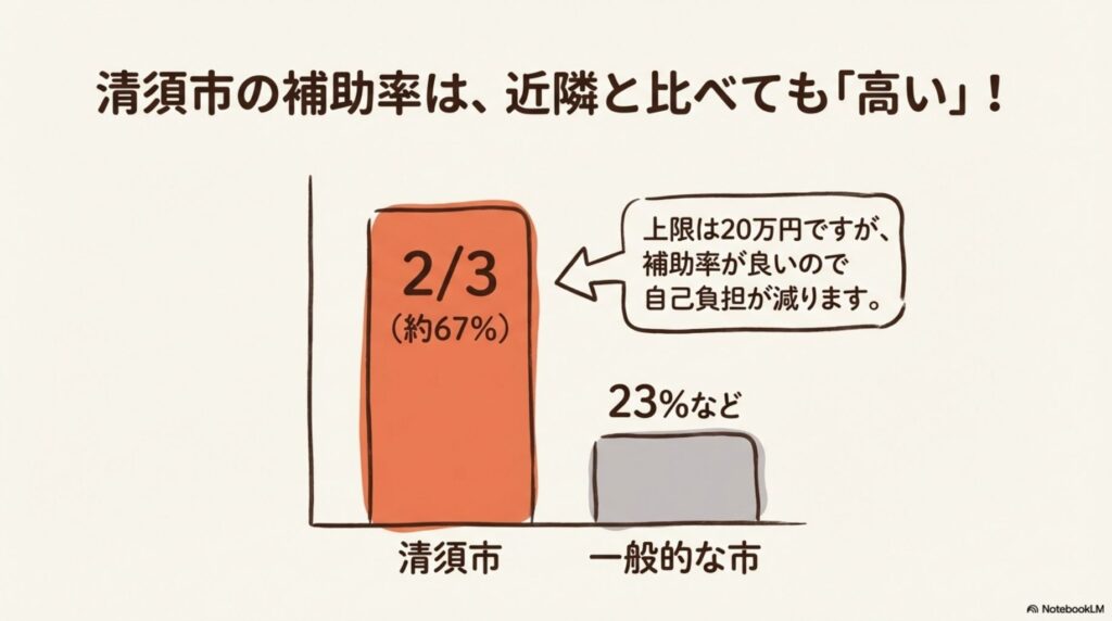 清須市の空き家解体補助率は近隣と比べても高い。清須市は3分の2(約67%)、一般的な市は23%など。上限は20万円だが、補助率が良いので自己負担が減る。周辺市町村との補助率の比較グラフ。