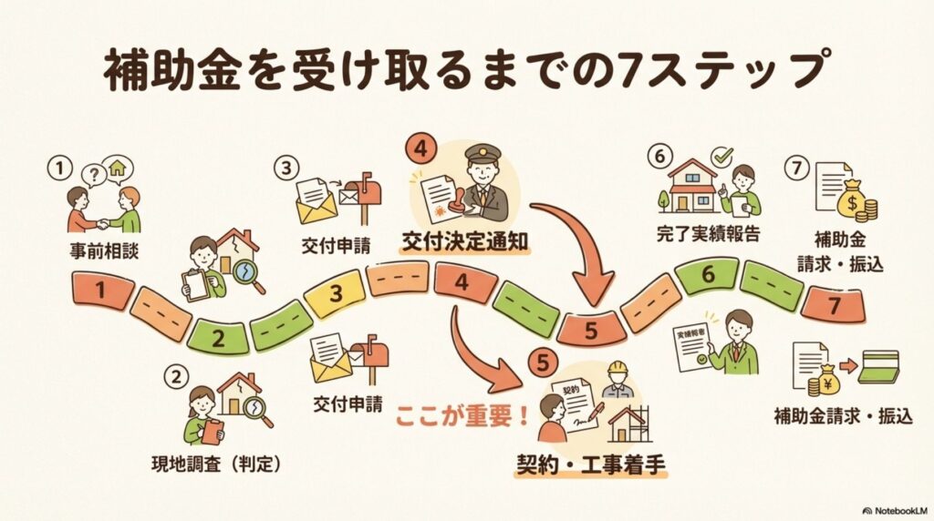 清須市空き家解体補助金を受け取るまでの7ステップ。1.事前相談、2.現地調査(判定)、3.交付申請、4.交付決定通知、5.契約・工事着手(ここが重要!)、6.完了実績報告、7.補助金請求・振込。ステップ5の契約・工事着手は、交付決定通知が届いてからでないと補助金は受け取れない。