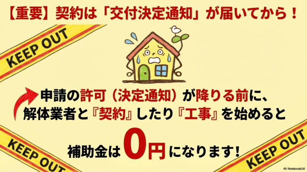清須市空き家解体補助金の重要な注意点。契約は交付決定通知が届いてから。申請の許可(決定通知)が降りる前に、解体業者と契約したり工事を始めると、補助金は0円になる。必ず交付決定が出てから契約してください。