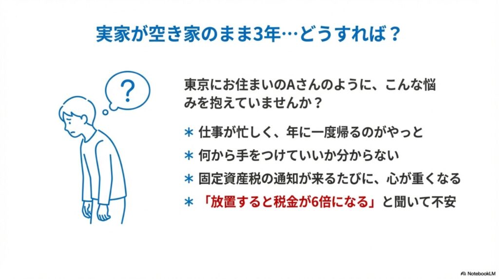 稲沢市で実家が空き家のまま3年経過して悩む男性のイラスト。仕事が忙しく年に一度しか帰れない、何から手をつけていいか分からない、固定資産税の通知が来るたびに心が重くなる、放置すると税金が6倍になると聞いて不安という稲沢市の空き家所有者によくある4つの悩み