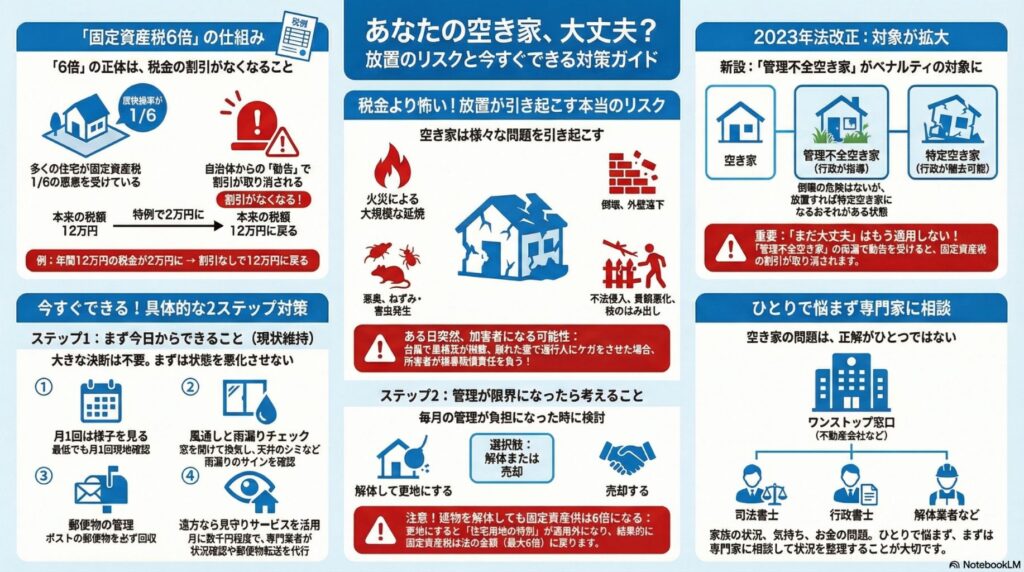 稲沢市の空き家放置のリスクと対策を網羅したインフォグラフィック。固定資産税6倍の仕組み、2023年法改正、火災・倒壊・害虫などのリスク、今すぐできる2ステップ対策、専門家への相談までを一枚にまとめた稲沢市の空き家所有者向けガイド