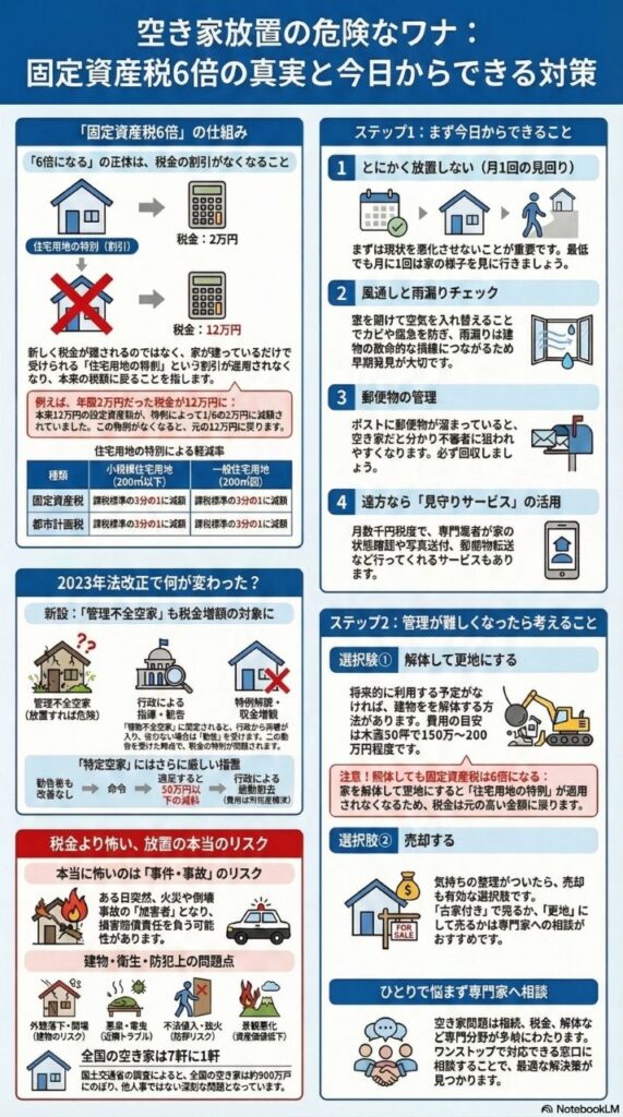 稲沢市の空き家放置の危険なワナを解説する縦長インフォグラフィック。固定資産税6倍の仕組み、2023年法改正、税金より怖い事件・事故リスク、今日からできる4つの管理方法、解体・売却の選択肢、専門家相談まで稲沢市の空き家所有者が知るべき情報を網羅