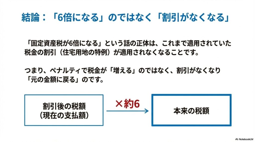 稲沢市の空き家の固定資産税が6倍になる仕組みの図解。6倍に増えるのではなく住宅用地の特例による割引がなくなるという結論を示し、割引後の税額から本来の税額に戻ることをフロー図で説明