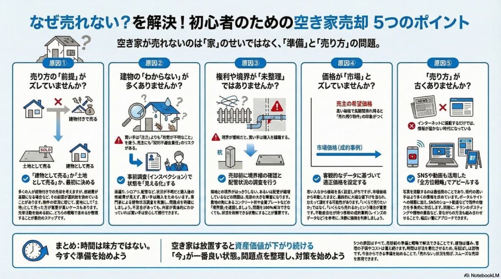 初心者向け空き家売却5つのポイントを横並びで解説したインフォグラフィック。空き家が売れないのは家のせいではなく準備と売り方の問題。原因1は前提のズレで建物か土地か最初に決める。原因2は建物のわからないが多く事前調査で見える化する。原因3は権利や境界の未整理で境界標確認と配管調査を行う。原因4は価格が市場とズレており客観的データで適正価格を設定。原因5は売り方が古くSNSや動画で全方位戦略をとる。時間は味方ではなく今すぐ準備を始めようというメッセージ。