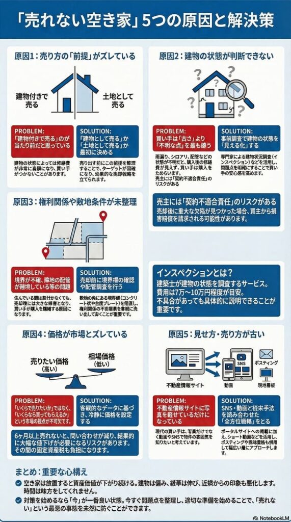空き家が売れない5つの原因と解決策のインフォグラフィック。原因1は売り方の前提のズレで建物か土地かを最初に決める。原因2は建物の状態が判断できないことでインスペクションによる見える化が解決策。原因3は権利関係や敷地条件の未整理で境界標確認と配管調査が必要。原因4は価格が市場とズレていることで客観的データに基づく価格設定が重要。原因5は見せ方・売り方が古いことでSNSや動画を活用した全方位戦略が有効。まとめとして今が一番良い状態であり早めの対策開始を推奨。