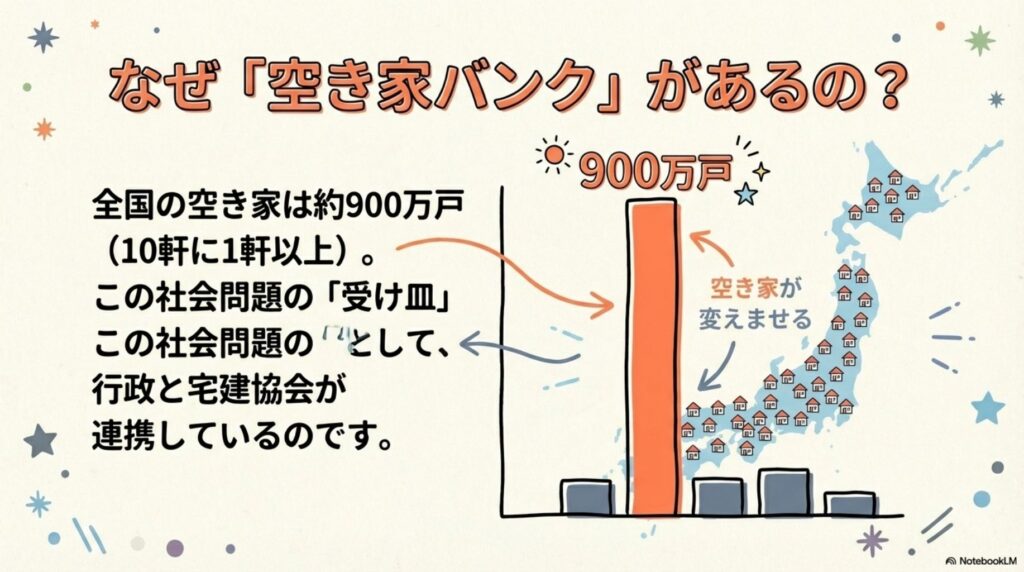 なぜ「空き家バンク」があるのかを説明する画像。全国の空き家は約900万戸(10軒に1軒以上)で、この社会問題の「受け皿」「受け止め」として、行政と宅建協会が連携していることをグラフとイラストで表現している