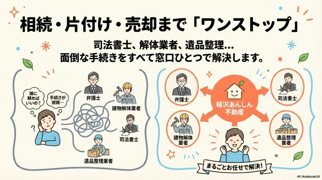 相続・片付け・売却まで「ワンストップ」で解決できることを示す画像。左側に困っている人と複雑な手続き(弁護士、解体業者、司法書士、遺品整理業者)が混乱した様子で描かれ、右側では稲沢あんしん不動産が各専門家との窓口となり「まるごとお任せで解決!」できることが整理されて表現されている
