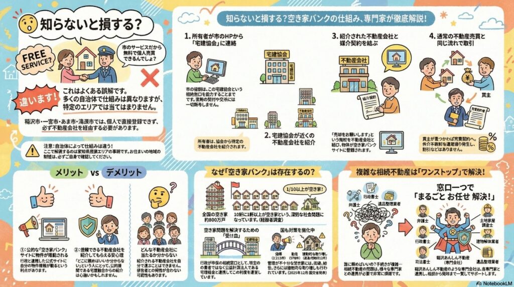 稲沢市の空き家バンクの詳細な仕組みを示す総合図。上部に誤解の説明、中央に4ステップの流れ(所有者が市のHPから宅建協会に連絡→宅建協会が近くの不動産会社を紹介→紹介された不動産会社と媒介契約を結ぶ→通常の不動産売買と同じ流れで取引)、下部にメリットとデメリットの比較が配置されている
