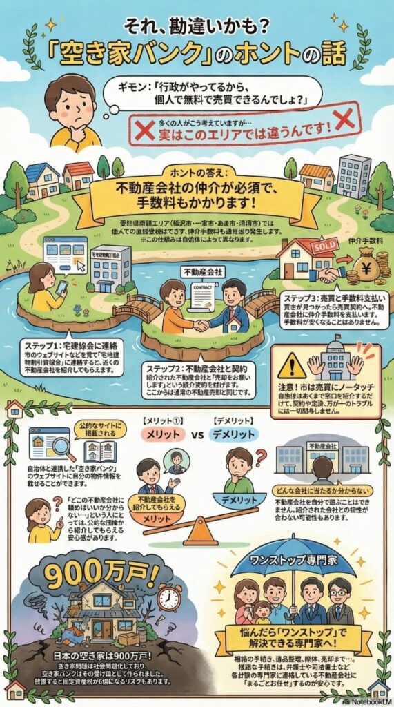 「空き家バンク」のホントの話として、「行政がやってるから、個人で無料で売買できる」という誤解を解く詳細な説明図。実際には不動産会社の仲介が必須で手数料もかかることを、ステップごとの流れ図、メリット・デメリットの比較、900万戸の空き家問題の背景、ワンストップ専門家の紹介とともに包括的に説明している