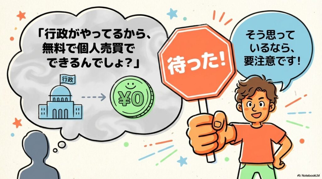 「行政がやってるから、無料で個人売買できるんでしょ?」という空き家バンクに対する一般的な誤解を示すイラスト。実際には要注意であることを警告している