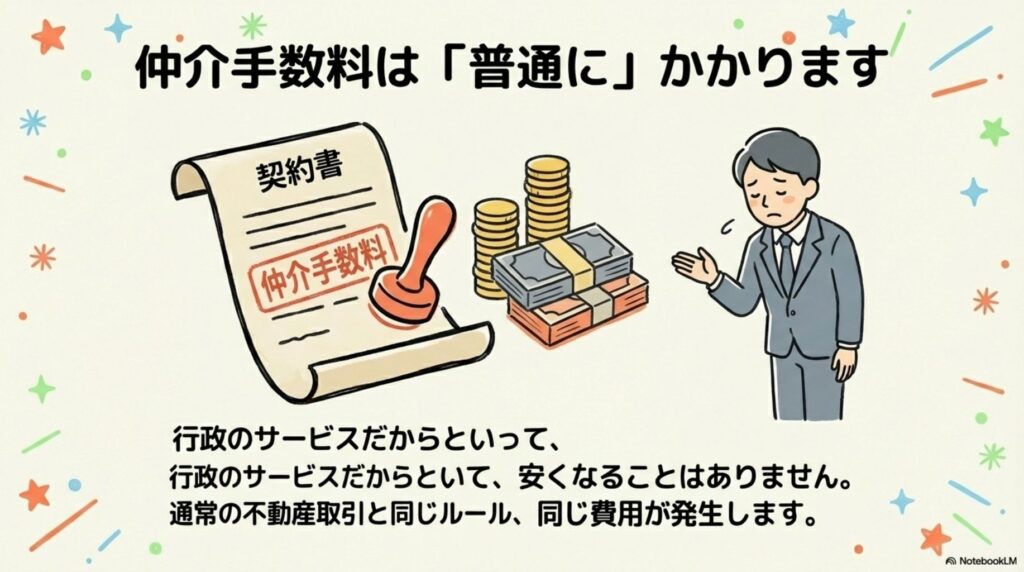 空き家バンクでも仲介手数料は「普通に」かかることを説明する画像。契約書と現金のイラストとともに、行政のサービスだから安くなることはなく、通常の不動産取引と同じルール・同じ費用が発生することが書かれている